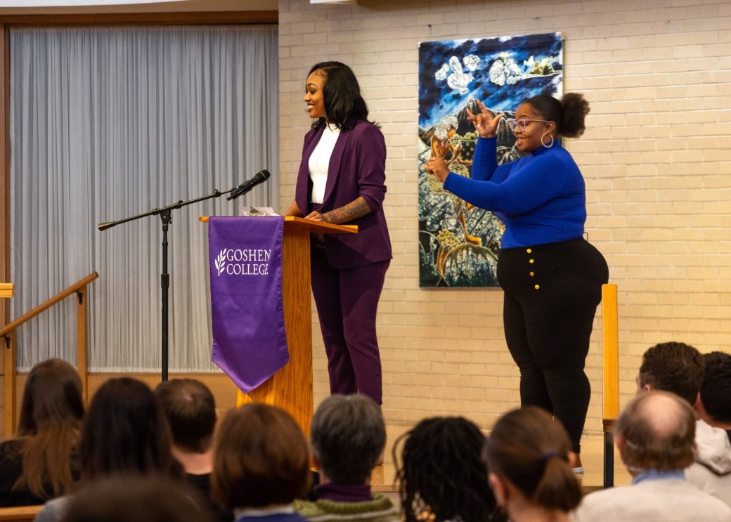 Two women on the stage one of them is doing a speech at King Celebration 2024
