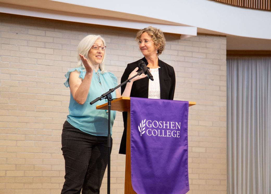 Two women on the stage at Commencement 2024: Nurses' Pinning Ceremony