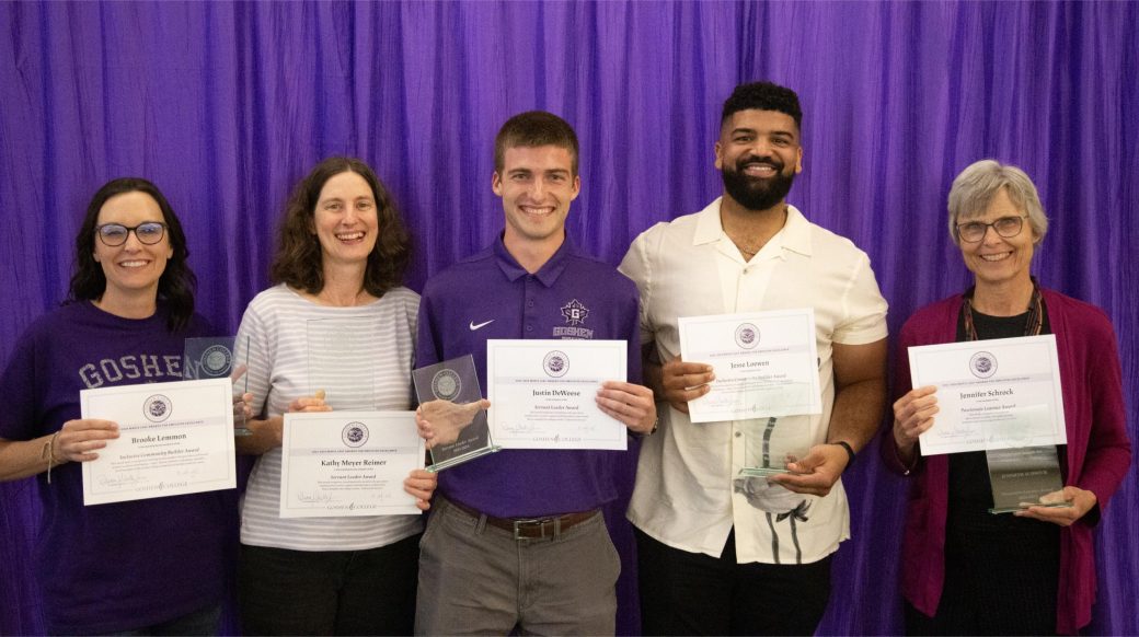 Employees of the Goshen College Employees of the Goshen College 2023-2024 at Employee Years of Service smiling to camera 2023-2024 at Employee Years of Service