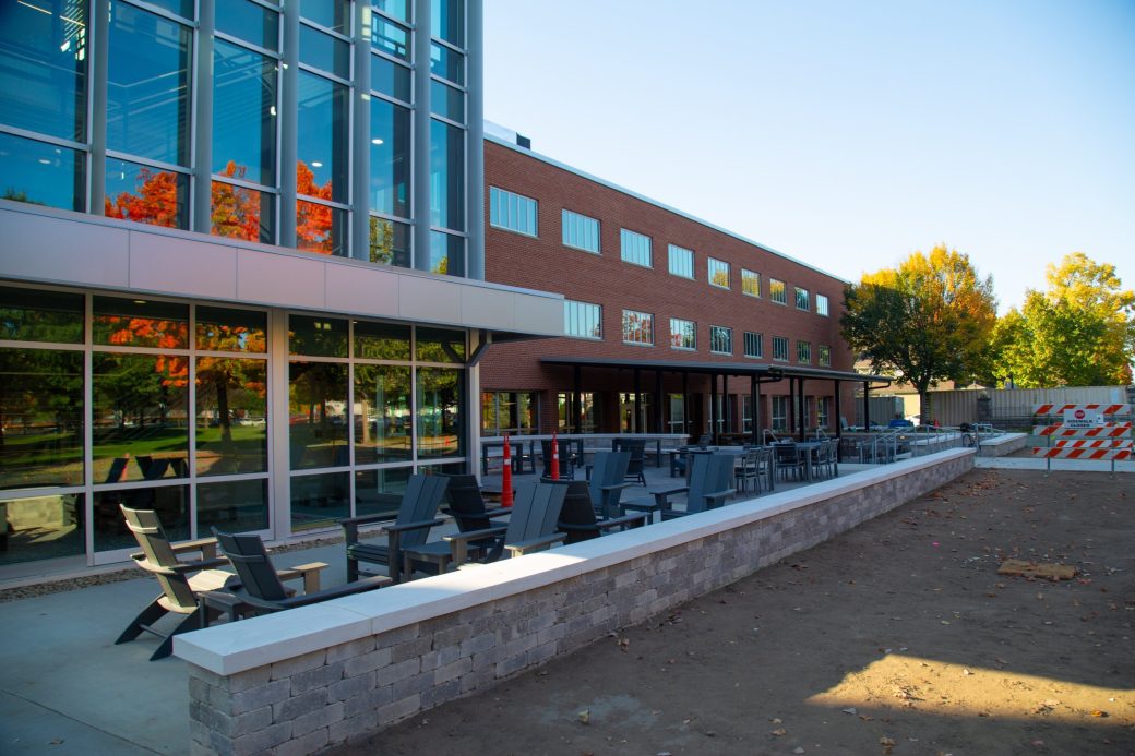 The outside first level of the Westlawn building offers outdoor seating for dining and chatting.