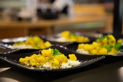 A close-up of a plated menu item in the dining hall.
