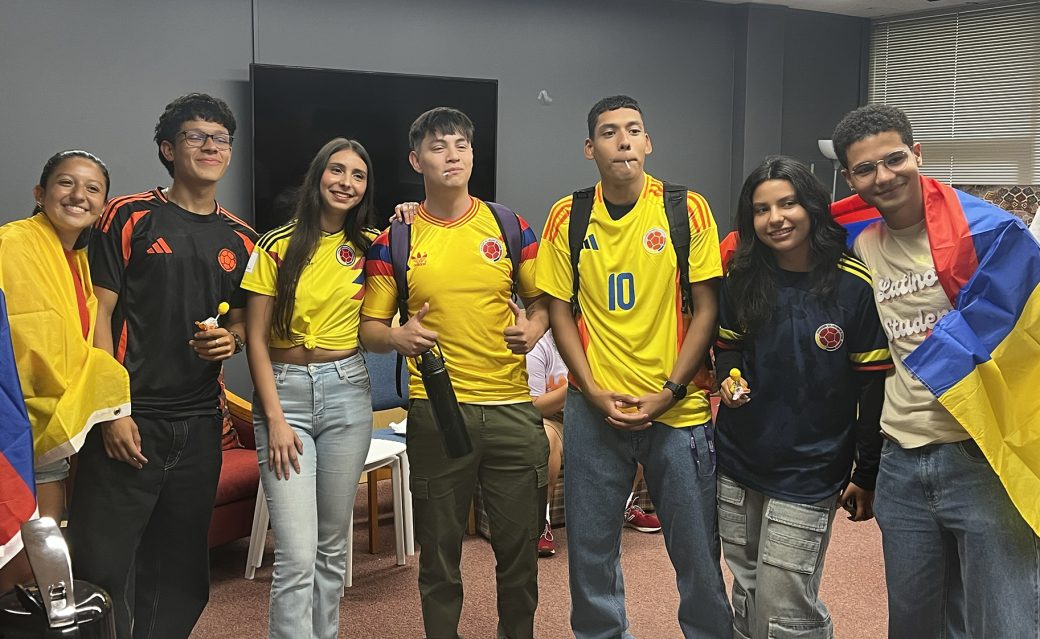 Students with colombia's soccer team t-shirt