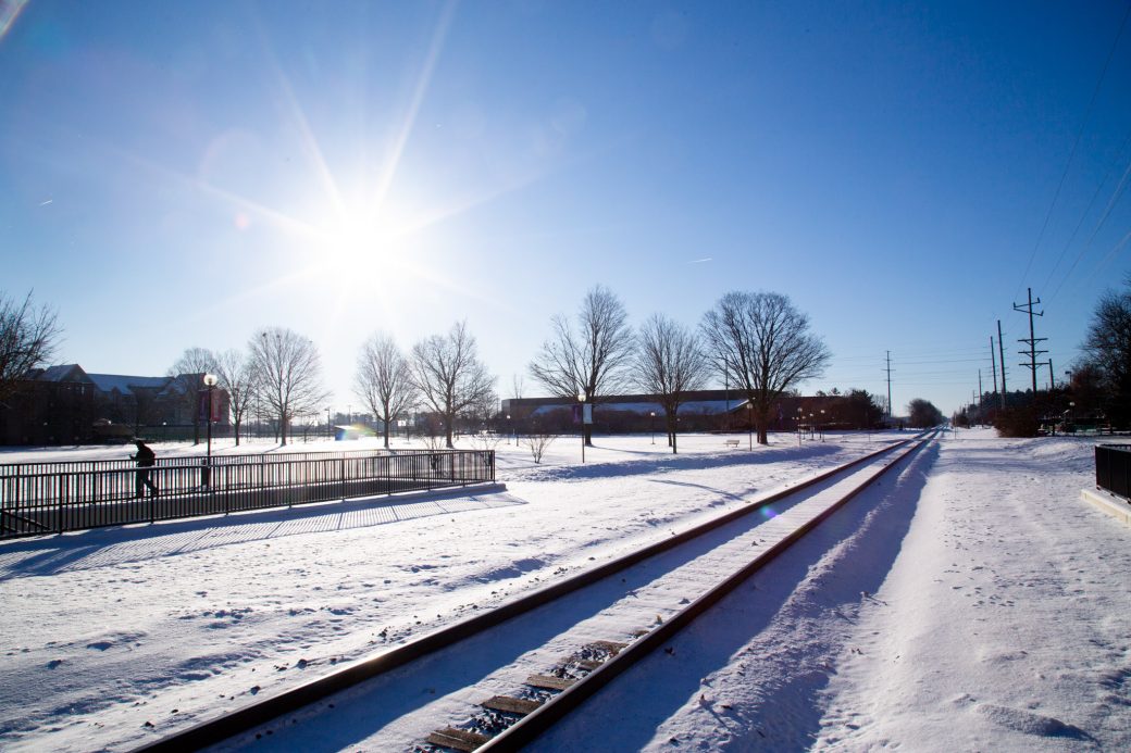 Road to Goshen college with lots of snow