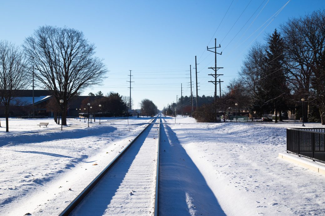 Road to Goshen college with lots of snow