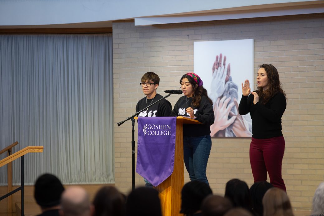 Goshen college student giving a speech at MLK Celebration 2025