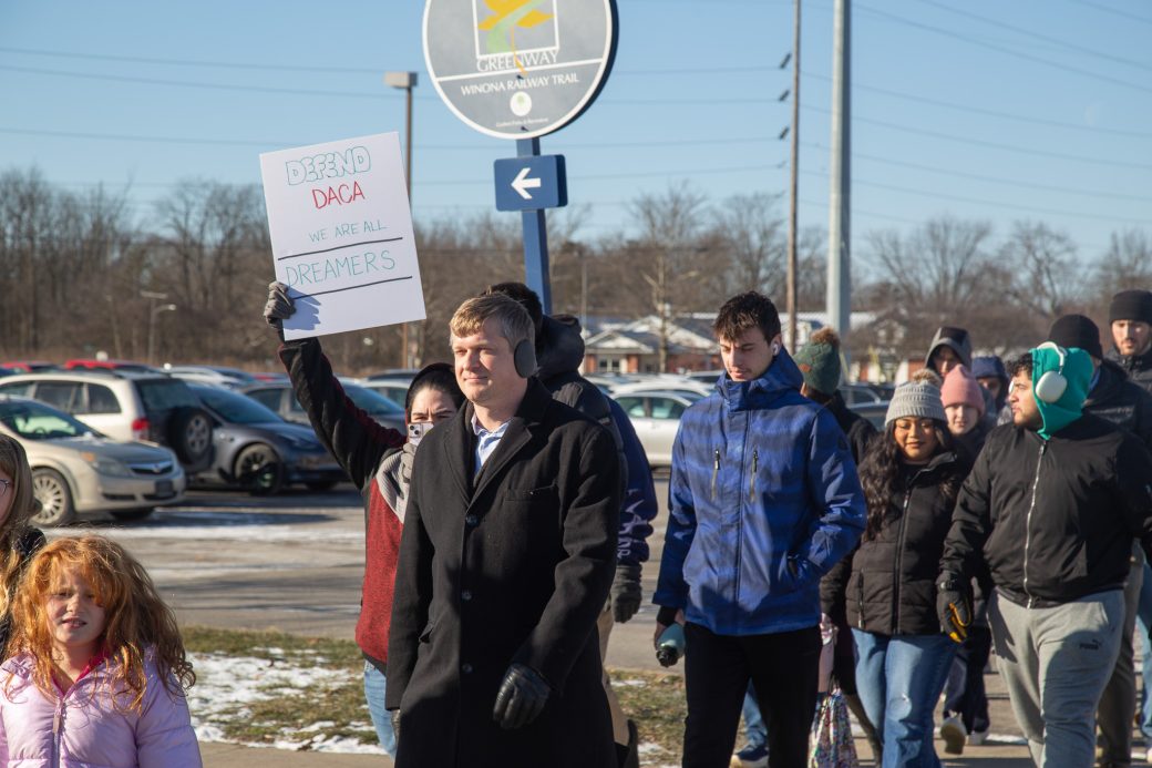 Goshen college students marching in MLK Celebration