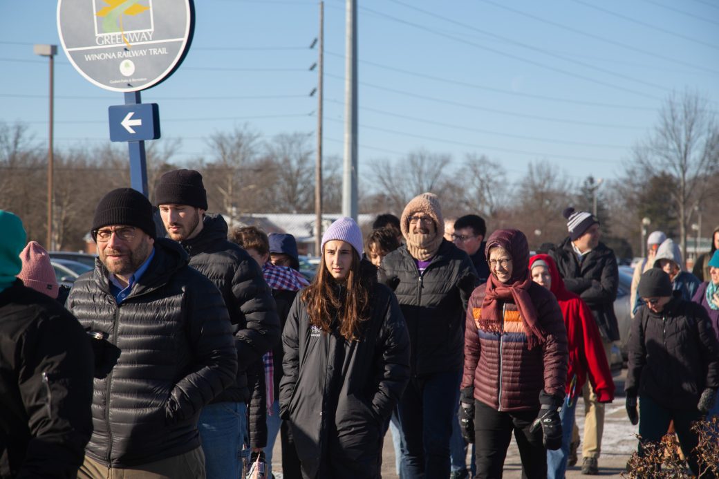 Goshen college students marching in MLK Celebration