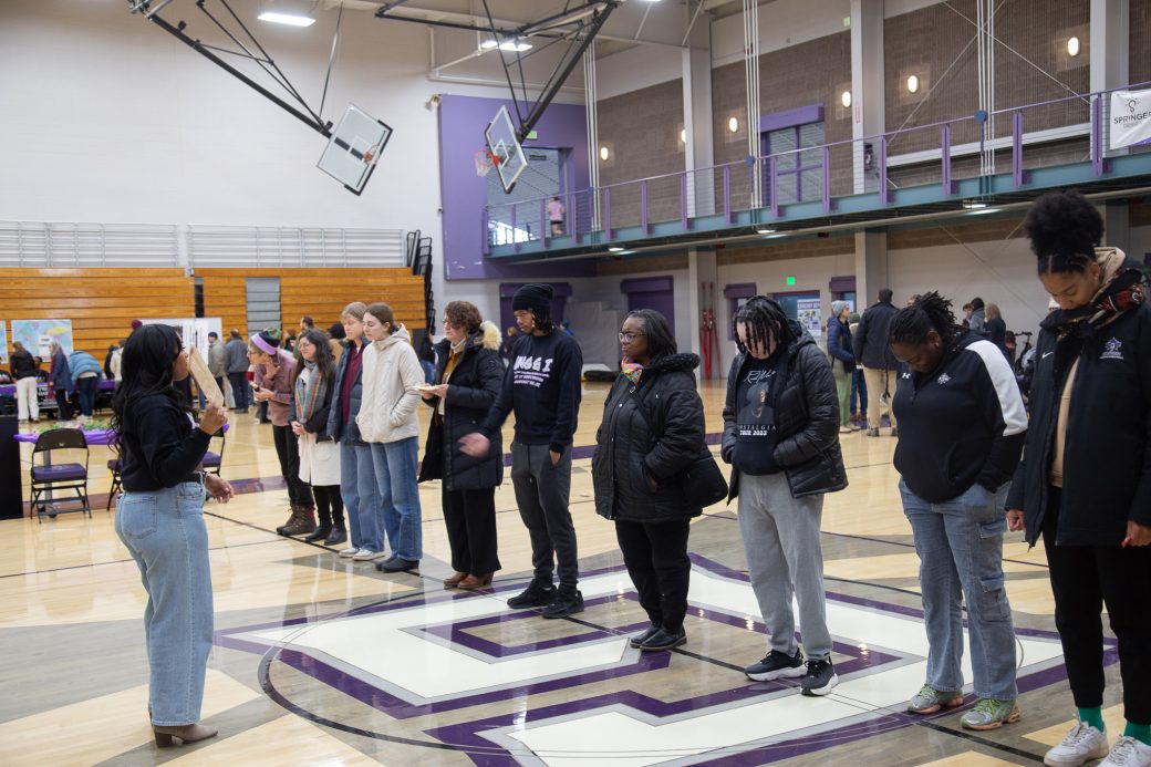 Goshen college students in line at the gym