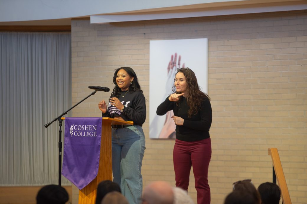 Two Goshen college students Giving a speech at Martin Luther King, Jr. 2025 Celebration