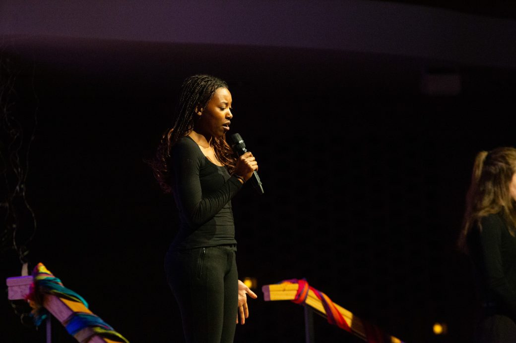 presenter of Goshen Monologues 2025 doing a speech