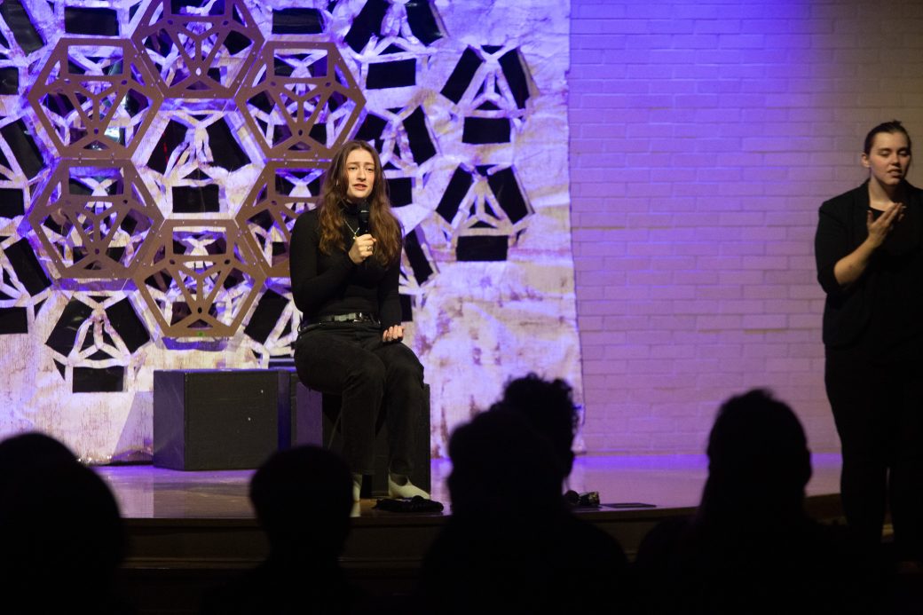 presenter of Goshen Monologues 2025 doing a speech