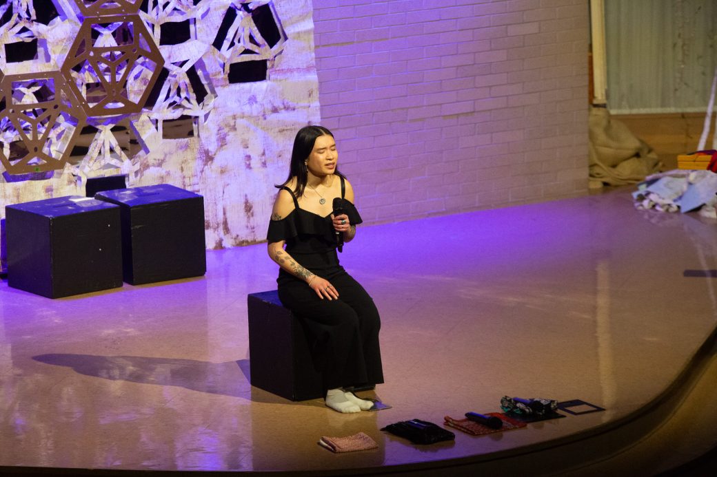 presenter of Goshen Monologues 2025 at the stage doing a speech