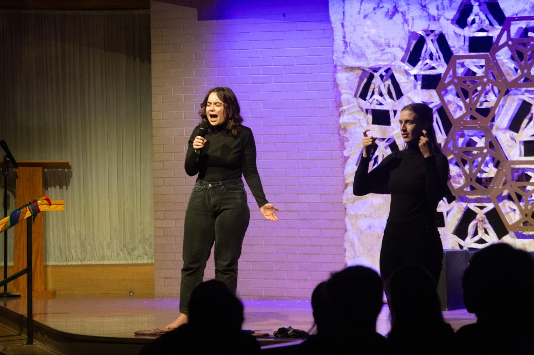 presenter of Goshen Monologues 2025 at the stage doing a speech
