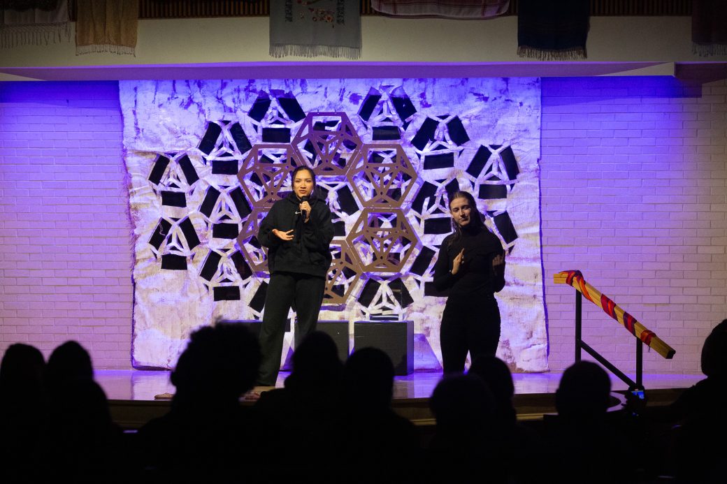 presenter of Goshen Monologues 2025 at the stage doing a speech