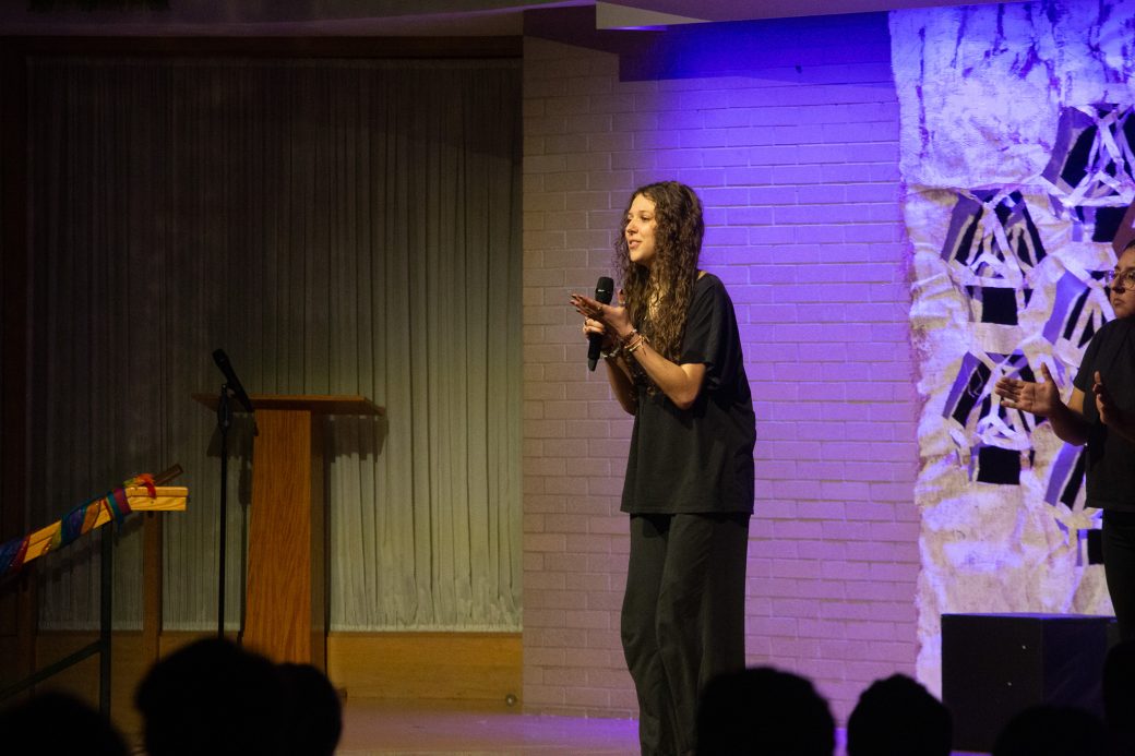 presenter of Goshen Monologues 2025 at the stage doing a speech