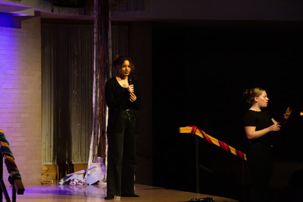 presenter of Goshen Monologues 2025 doing a speech