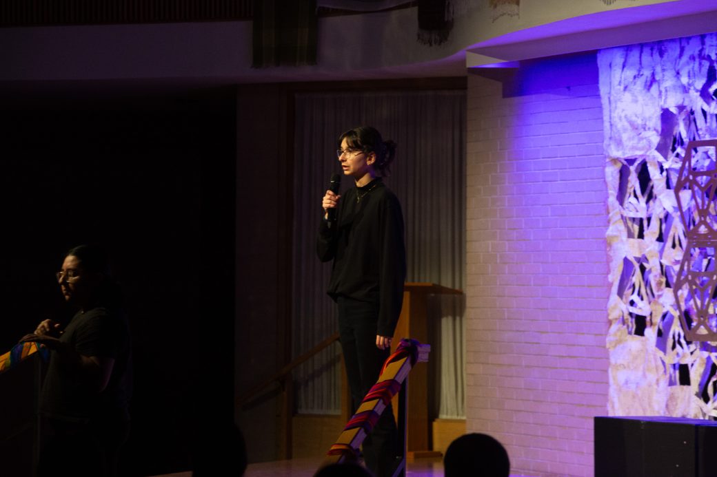 presenter of Goshen Monologues 2025 doing a speech