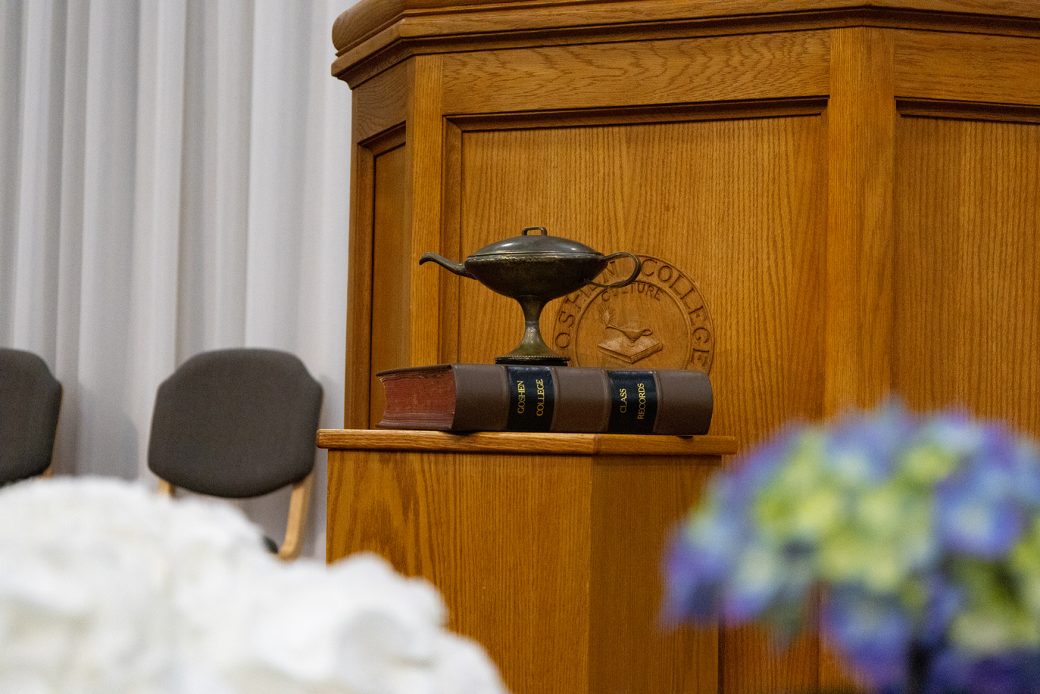goshen college graduation lamp and book