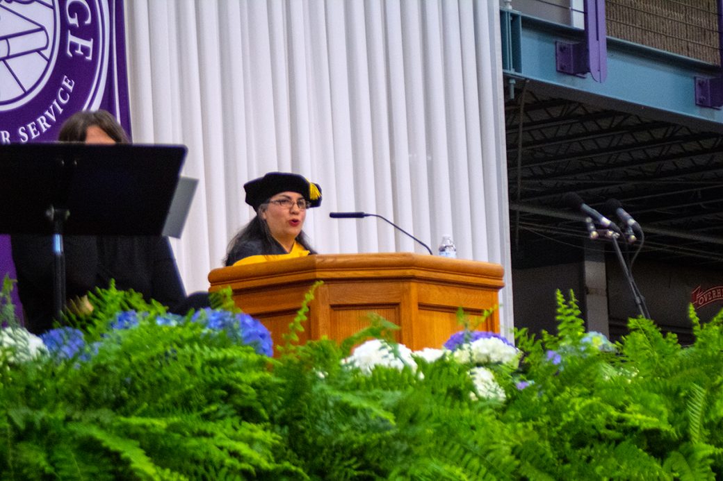 A woman speaking in Commencement 2025