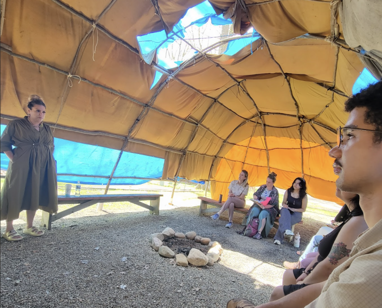Madalene Bigbear (left) sharing with our group at Pokagon