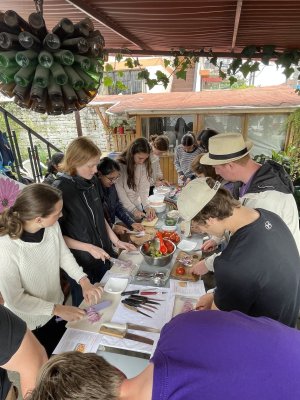 Students gathered around a table