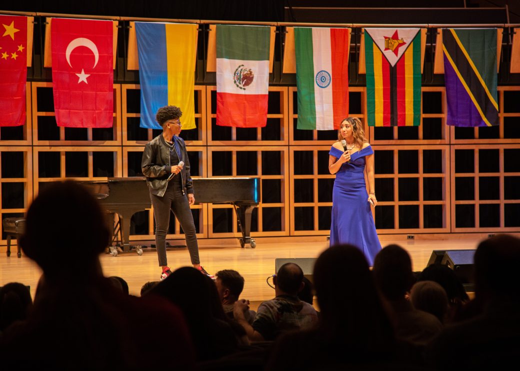 A man and a woman singing at International Student Club Coffeehouse 2023