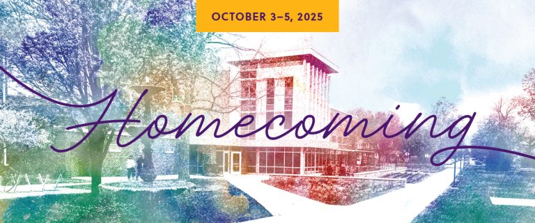 An image of Westlawn Hall with the word "Homecoming" superimposed