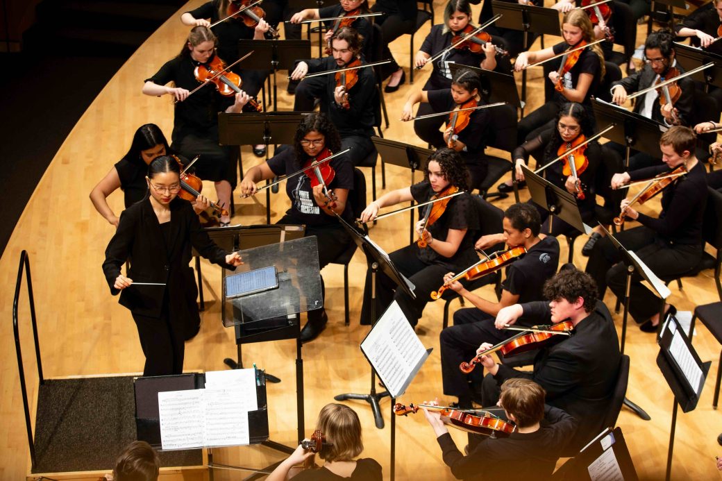 An orchestra, viewed from above