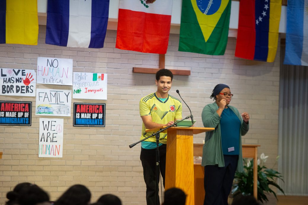 Men having a speech at pulpit at the Hispanic Heritage Month Convocation and Celebration