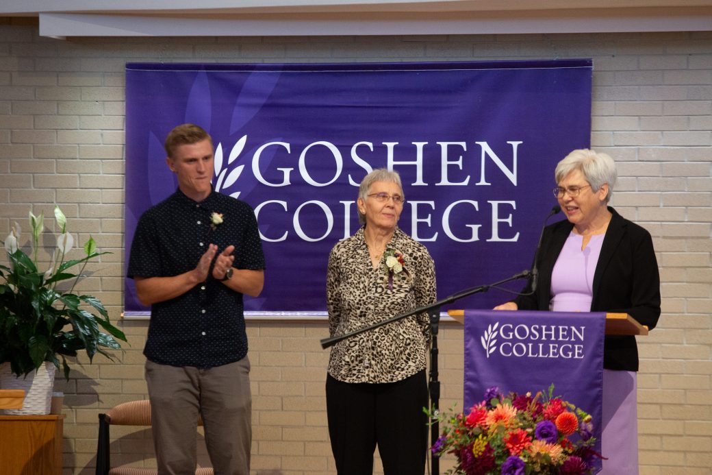 Women doing a speech at Goshen College