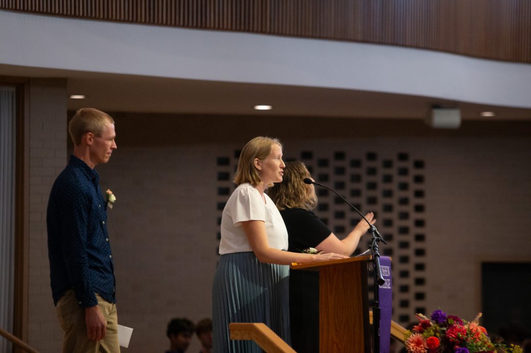 Women doing a speech at Goshen College