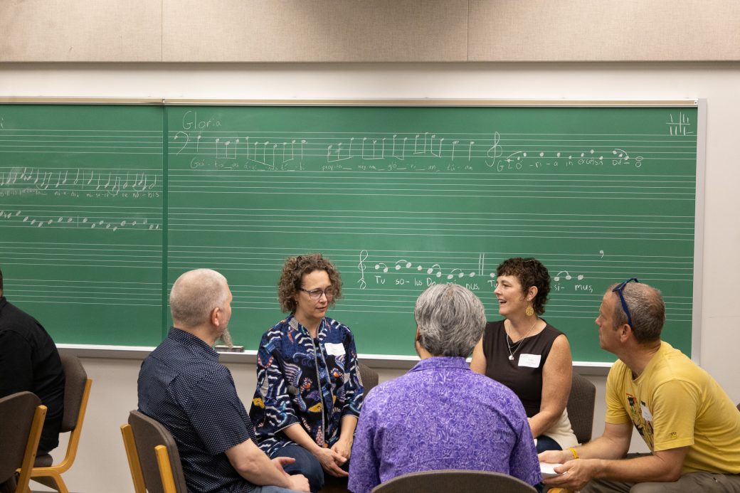 People having a talk in Goshen college classroom