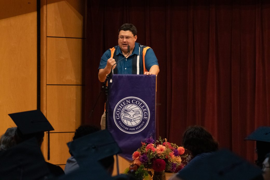 Goshen college teacher doing a speech