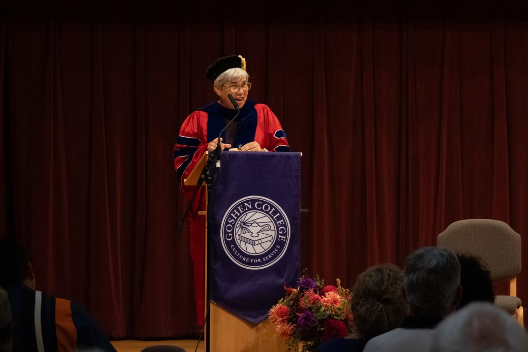 Goshen college teacher doing a speech