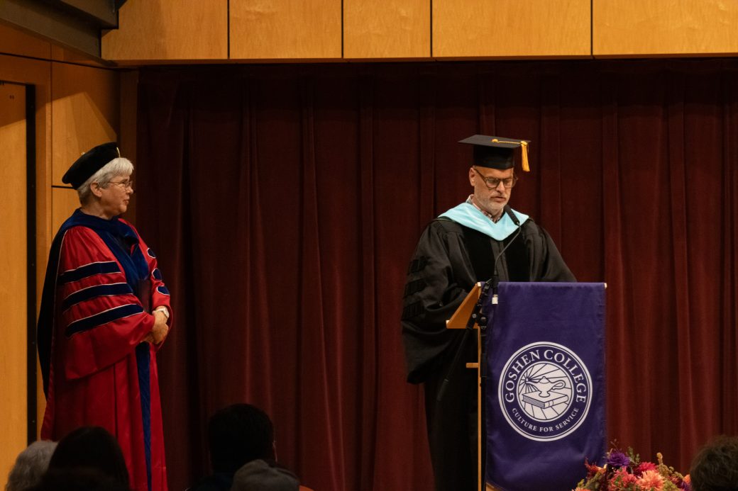 Goshen college teacher doing a speech