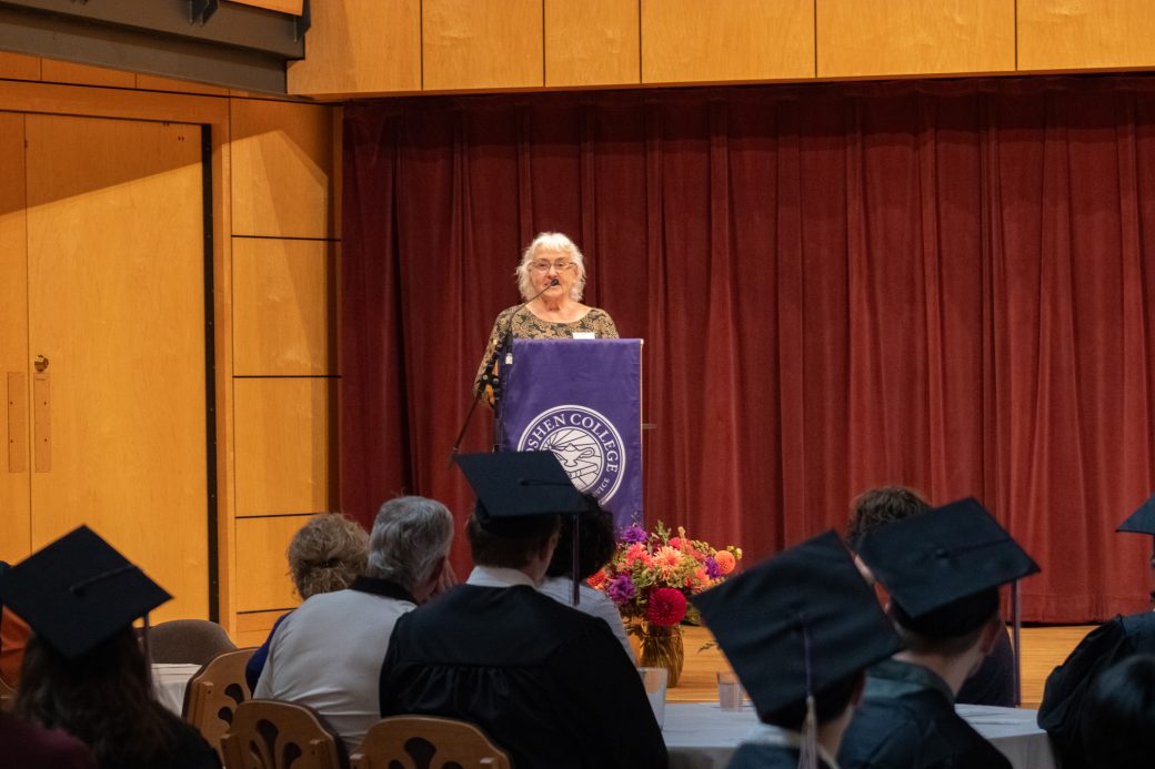 Goshen college teacher doing a speech