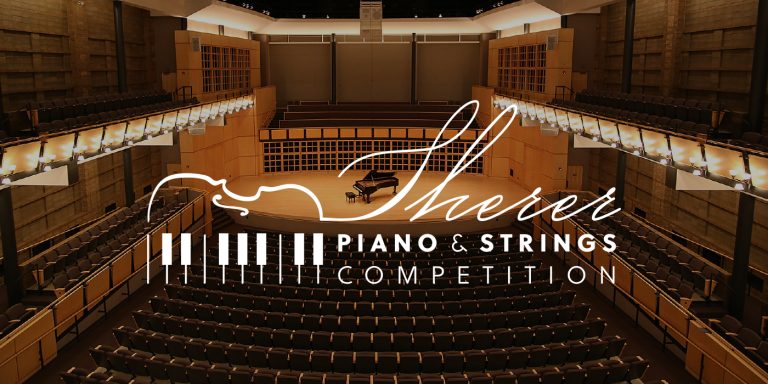 concert hall with overlaid text reading "Sherer piano & strings competition"