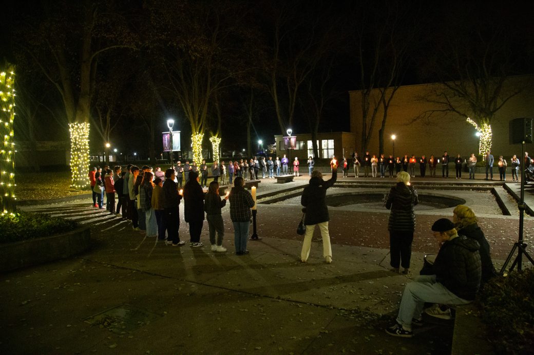 Audience gathers in Shrock plaza for campus lighting
