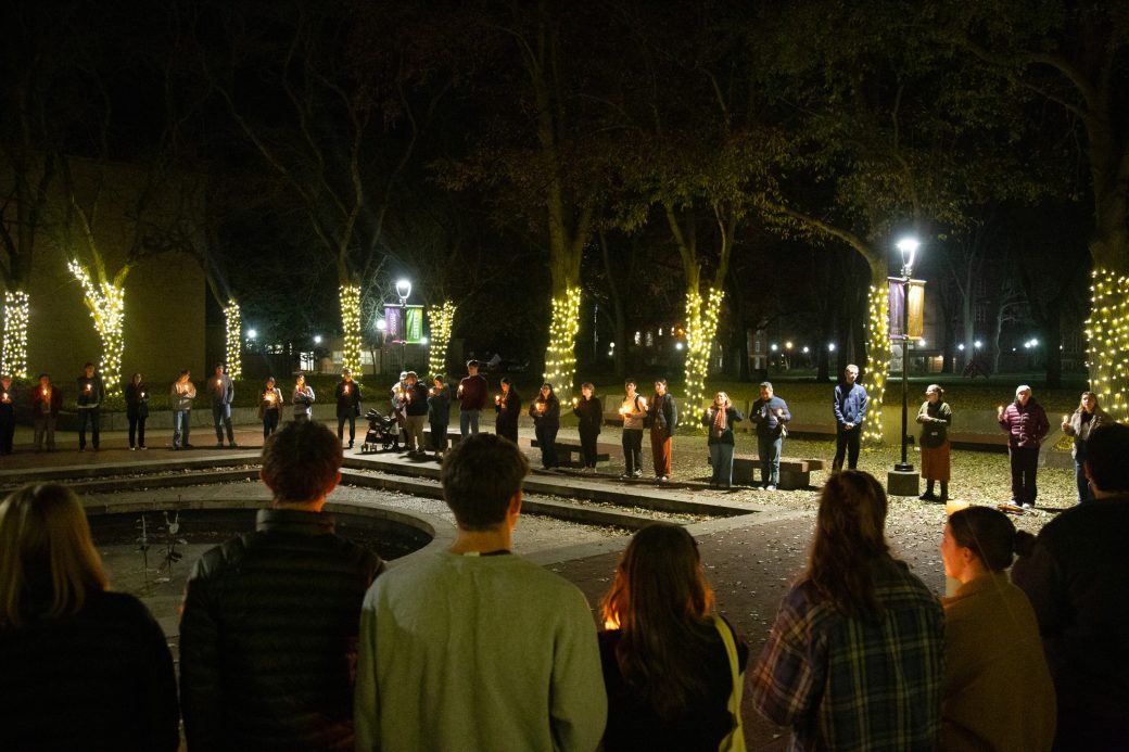 Audience gathers in Shrock plaza for campus lighting