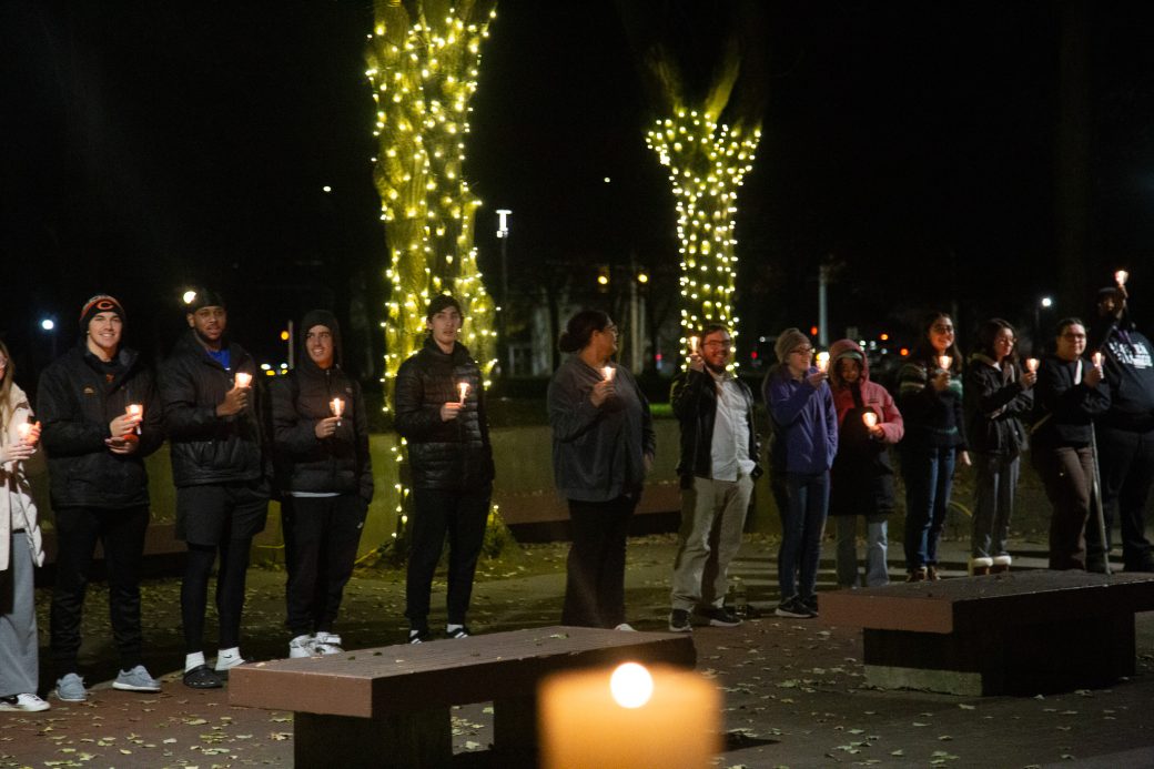 Audience gathers in Shrock plaza for campus lighting