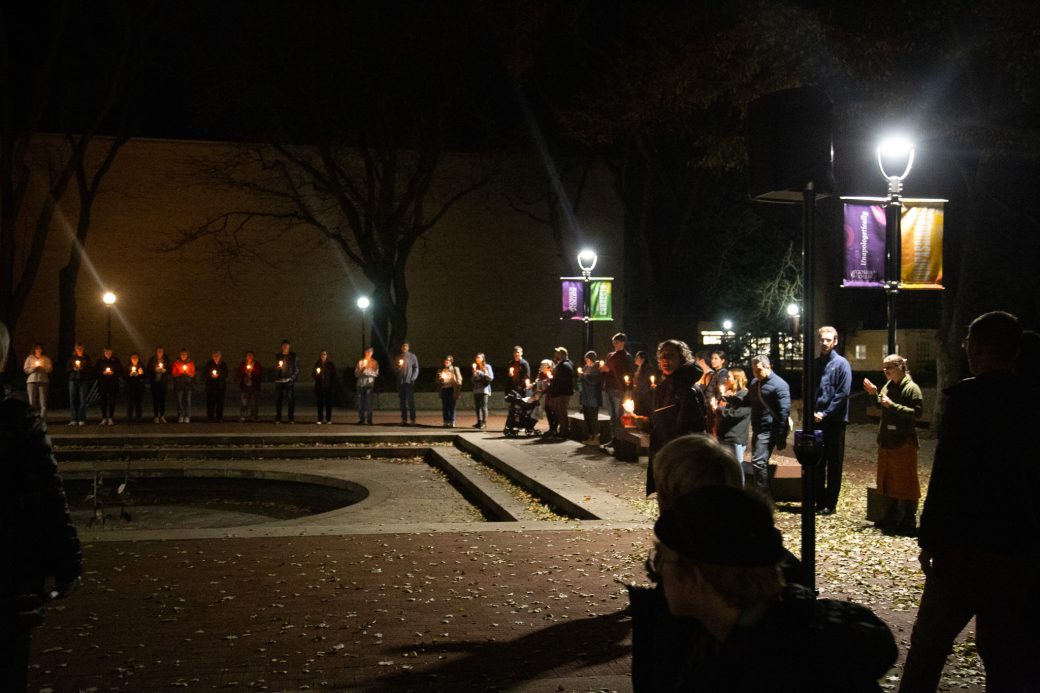 Chapel audience gathers to sing and celebrate advent and the lighting of campus for the Christmas Season.