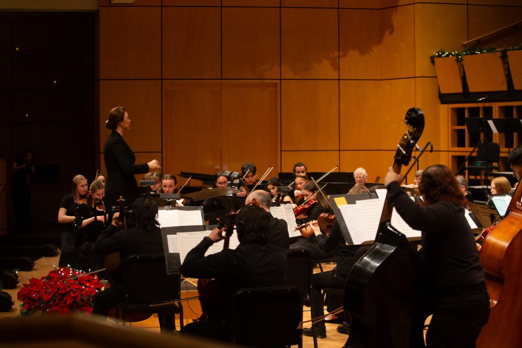 Closeup of orchestra performing