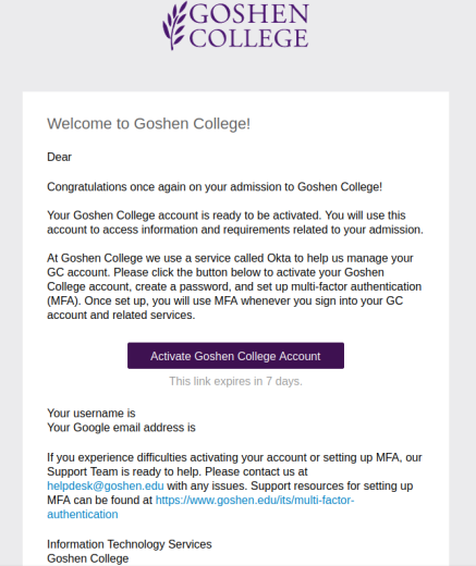 Goshen College welcome email with the 'Activate Goshen College Account' button.