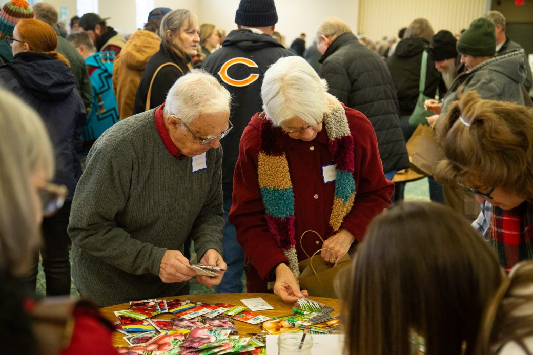two people examining seeds