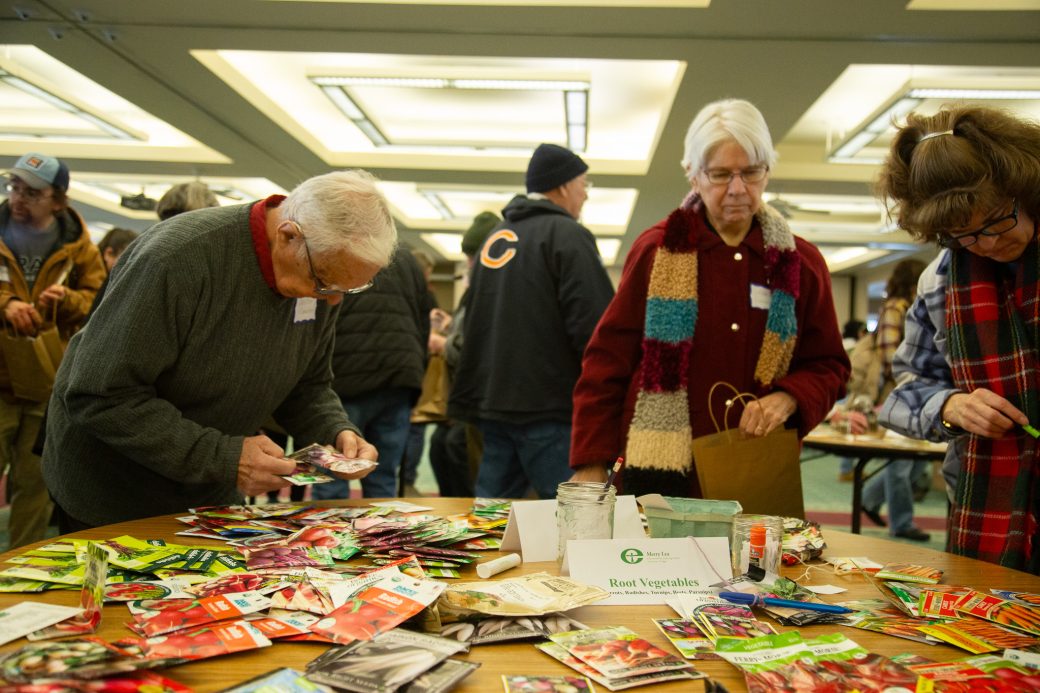 People inspecting seeds at a table
