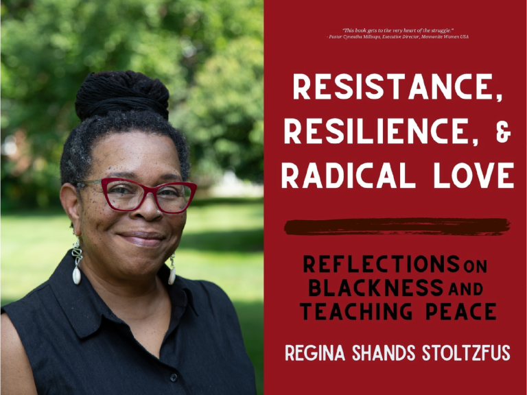 Headshot of Regina Shands Stoltzus next to her book cover.