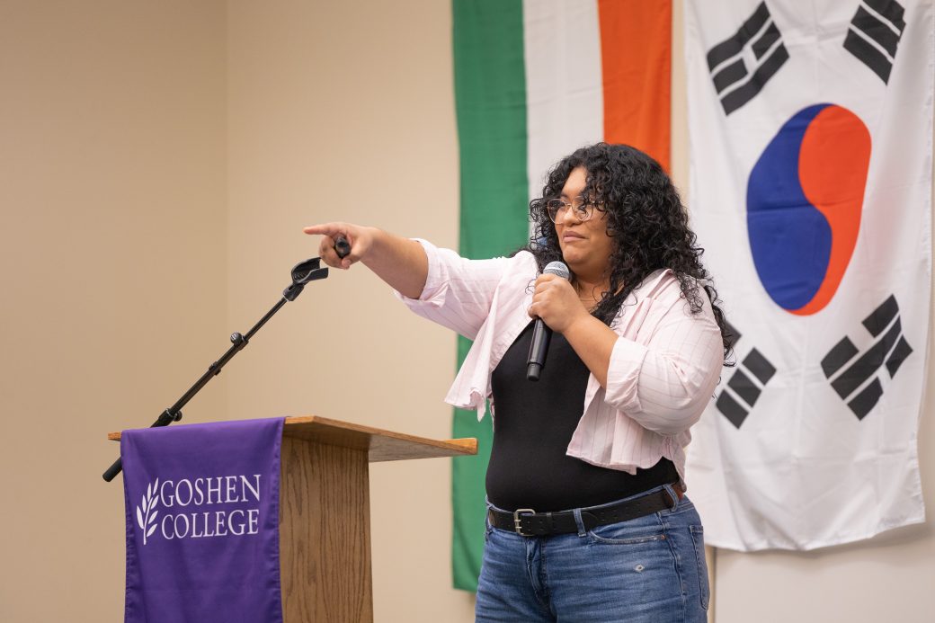 Woman singing with microphone