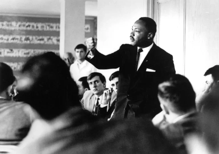 Martin Luther King, Jr., speaking to a crowd of people