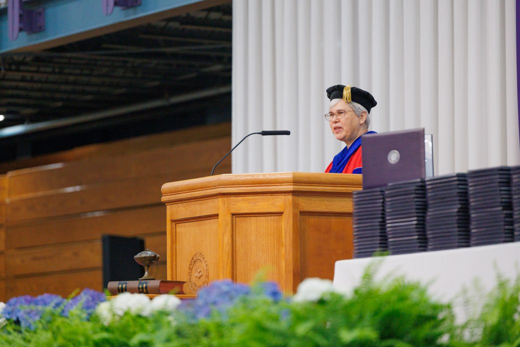 President Rebecca Stoltzfus speaking to the graduation class of 2026