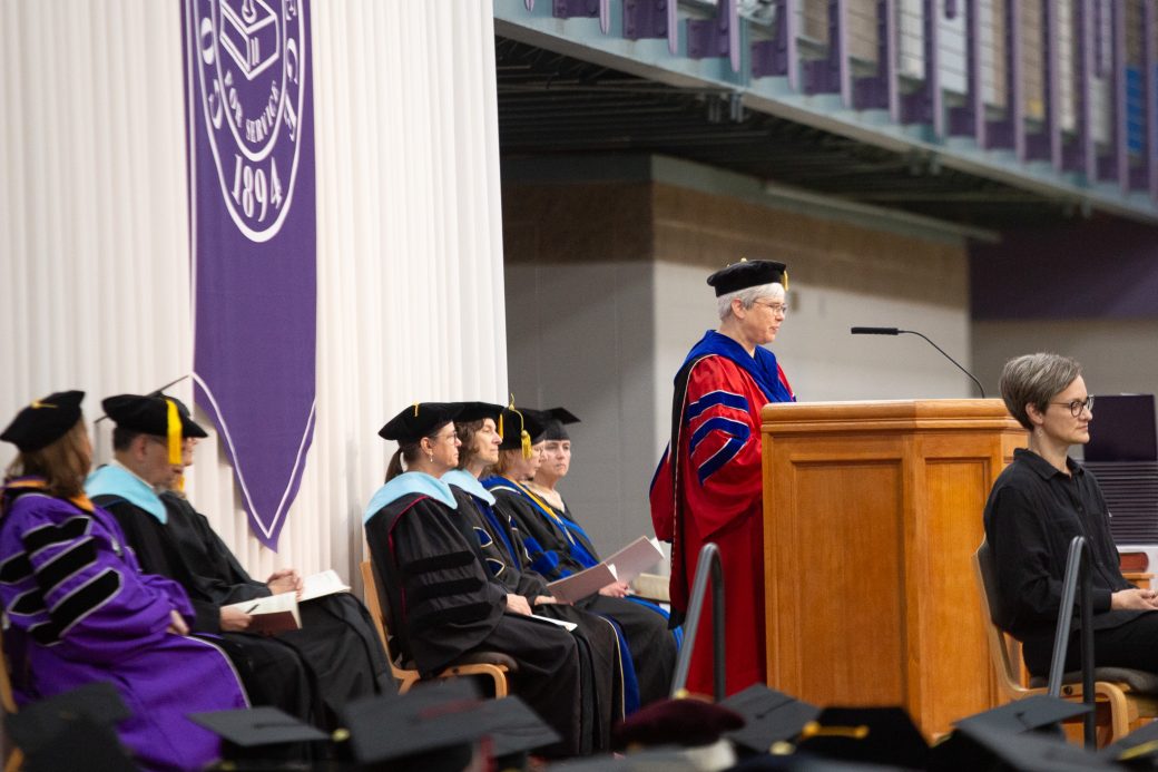 President Rebecca Stoltzfus giving remarks to class of 2026